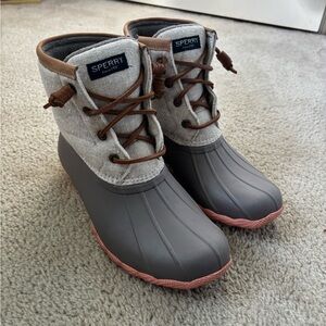 Sperry Gray Duck Boots with Pink Bottom